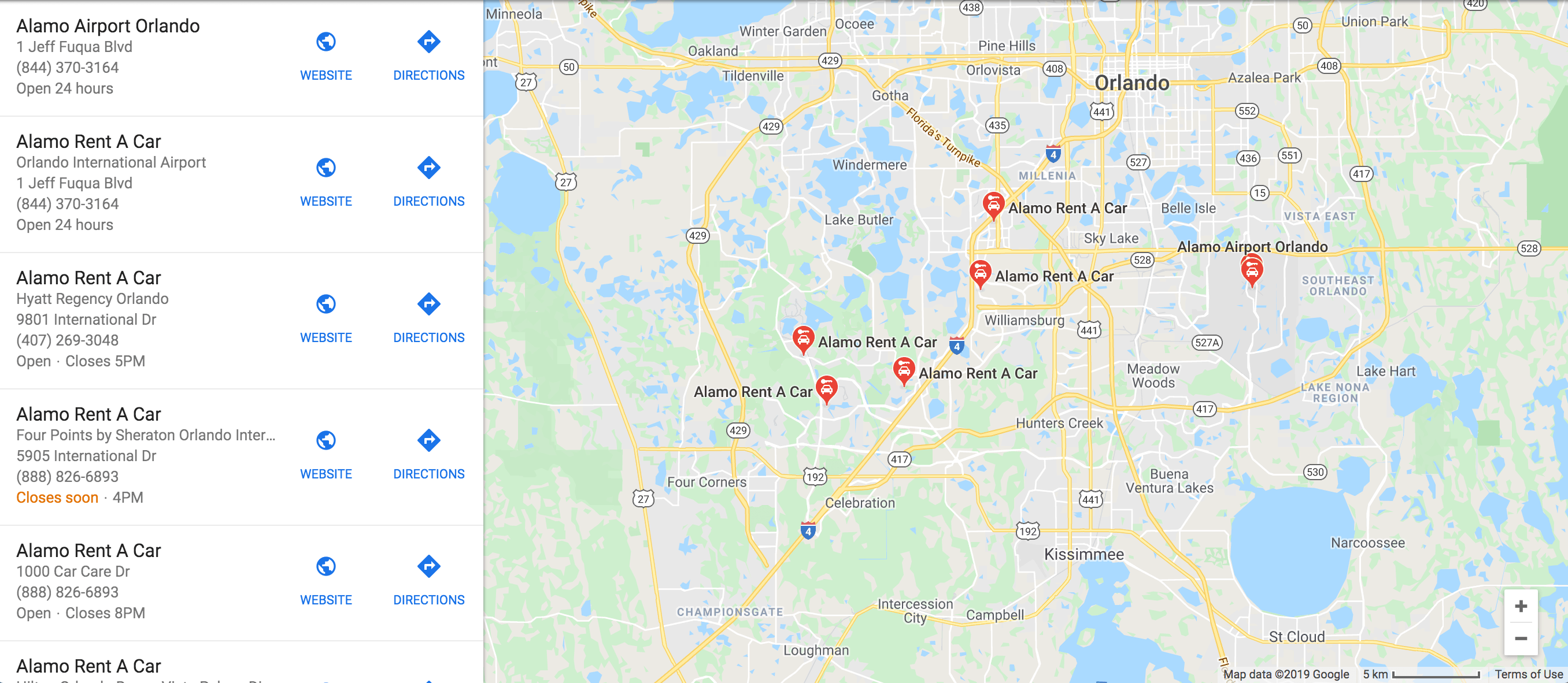 Localização das lojas da Alamo em Orlando