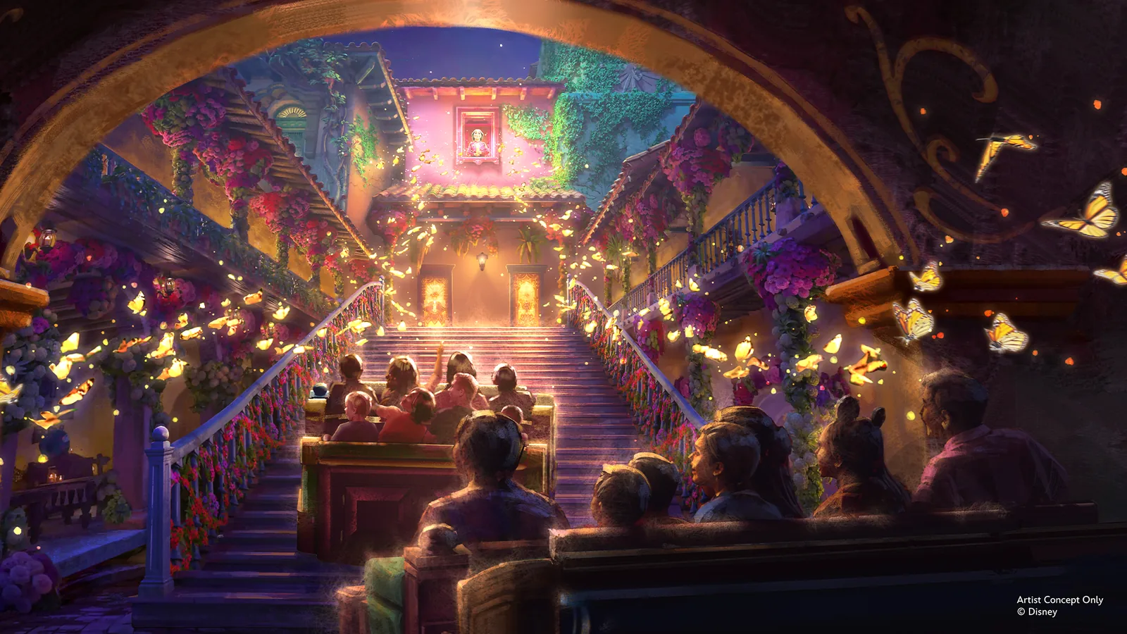 Arte conceitual da atracao Antonio's Fiesta de Encanto, com a escadaria da Casita