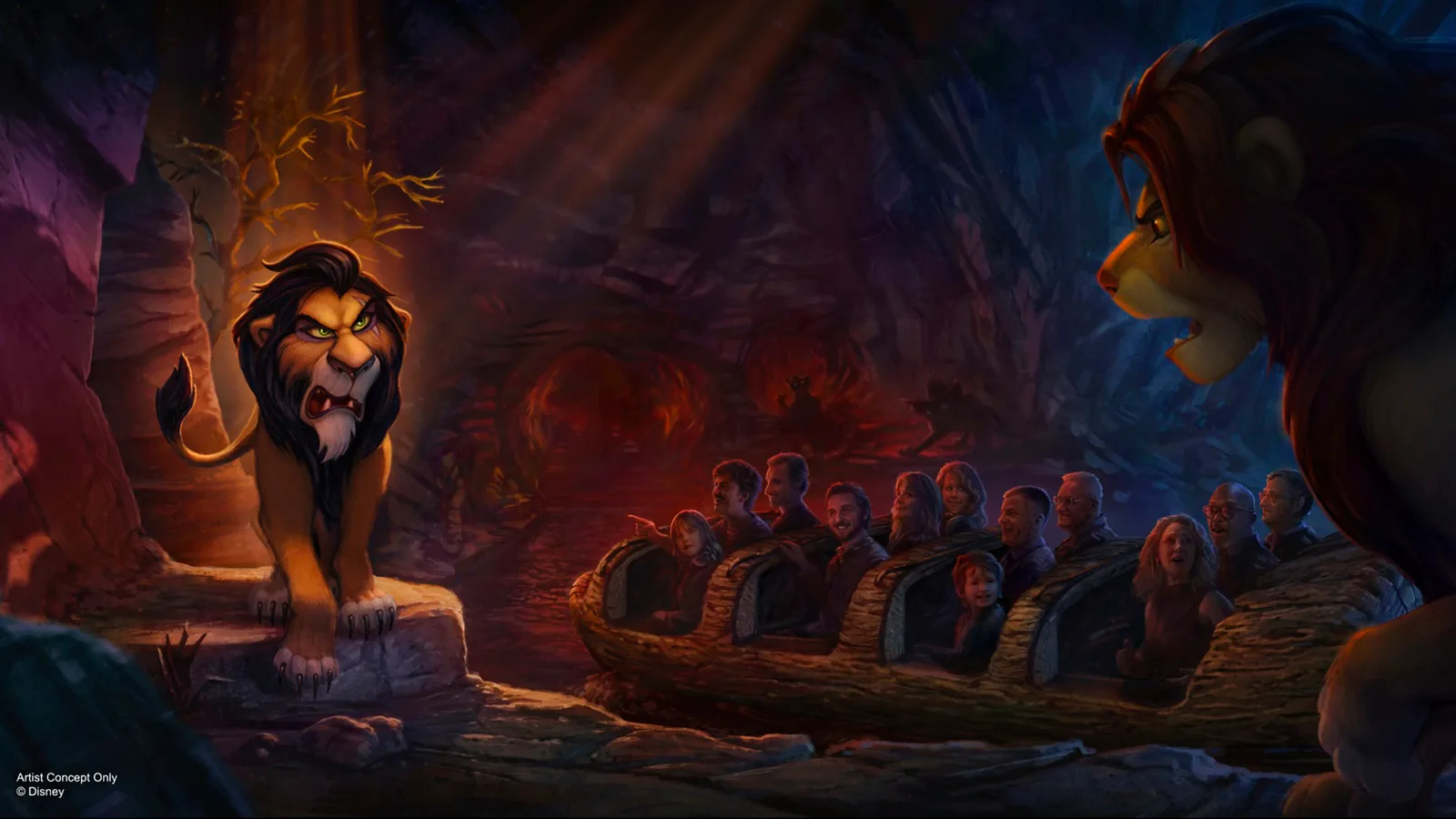 Arte conceitual da atracao de O Rei Leao com Scar no Disney Adventure World