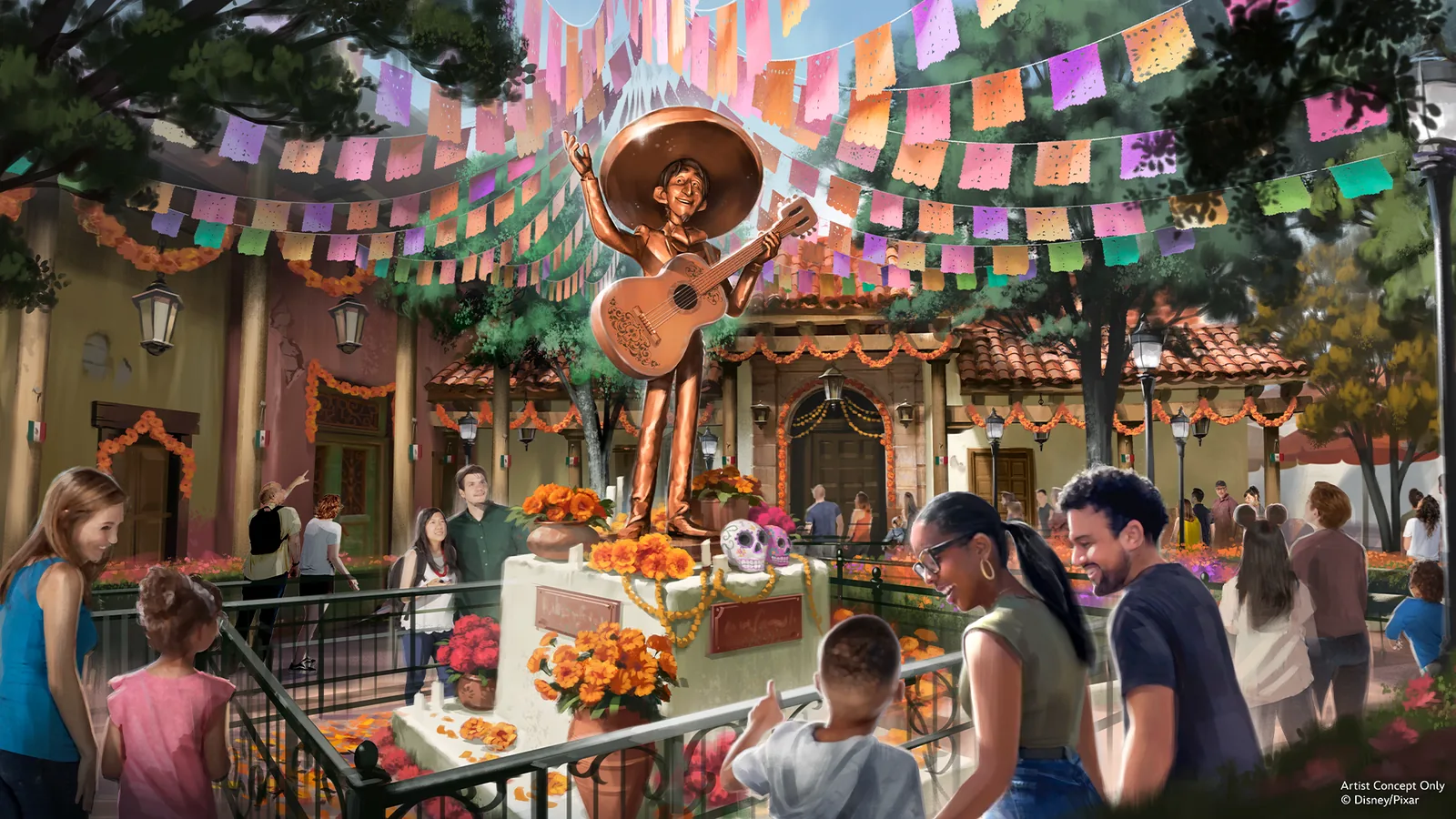 Arte conceitual da fila da primeira atracao do Coco no Disney California Adventure