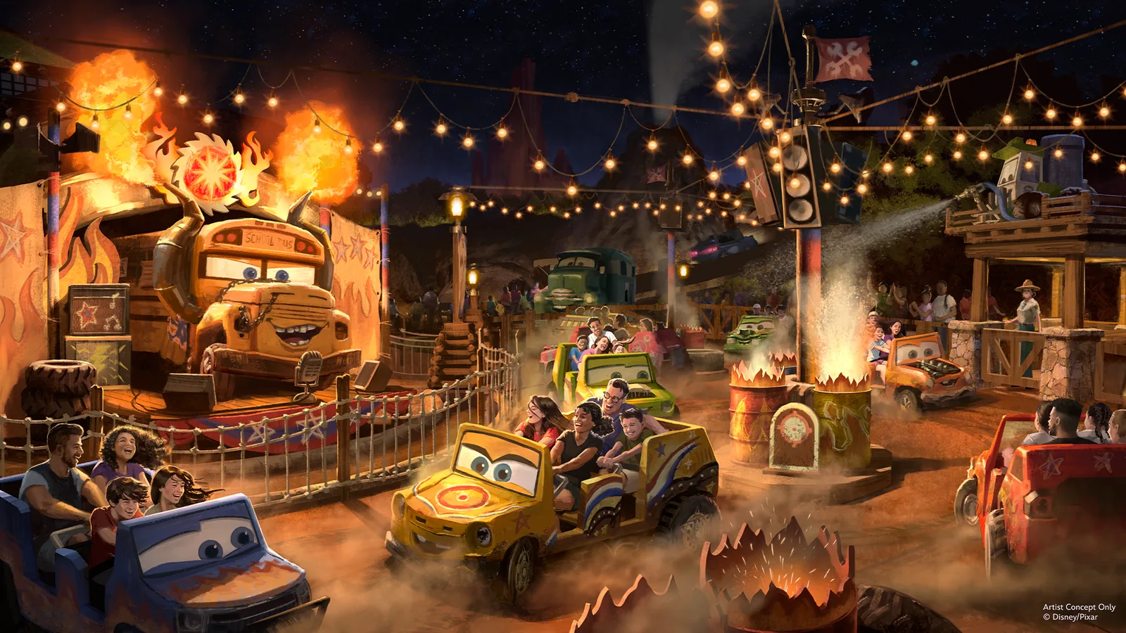 Arte conceitual da atracao Miss Fritter's Daredevil Spin-Along em Piston Peak