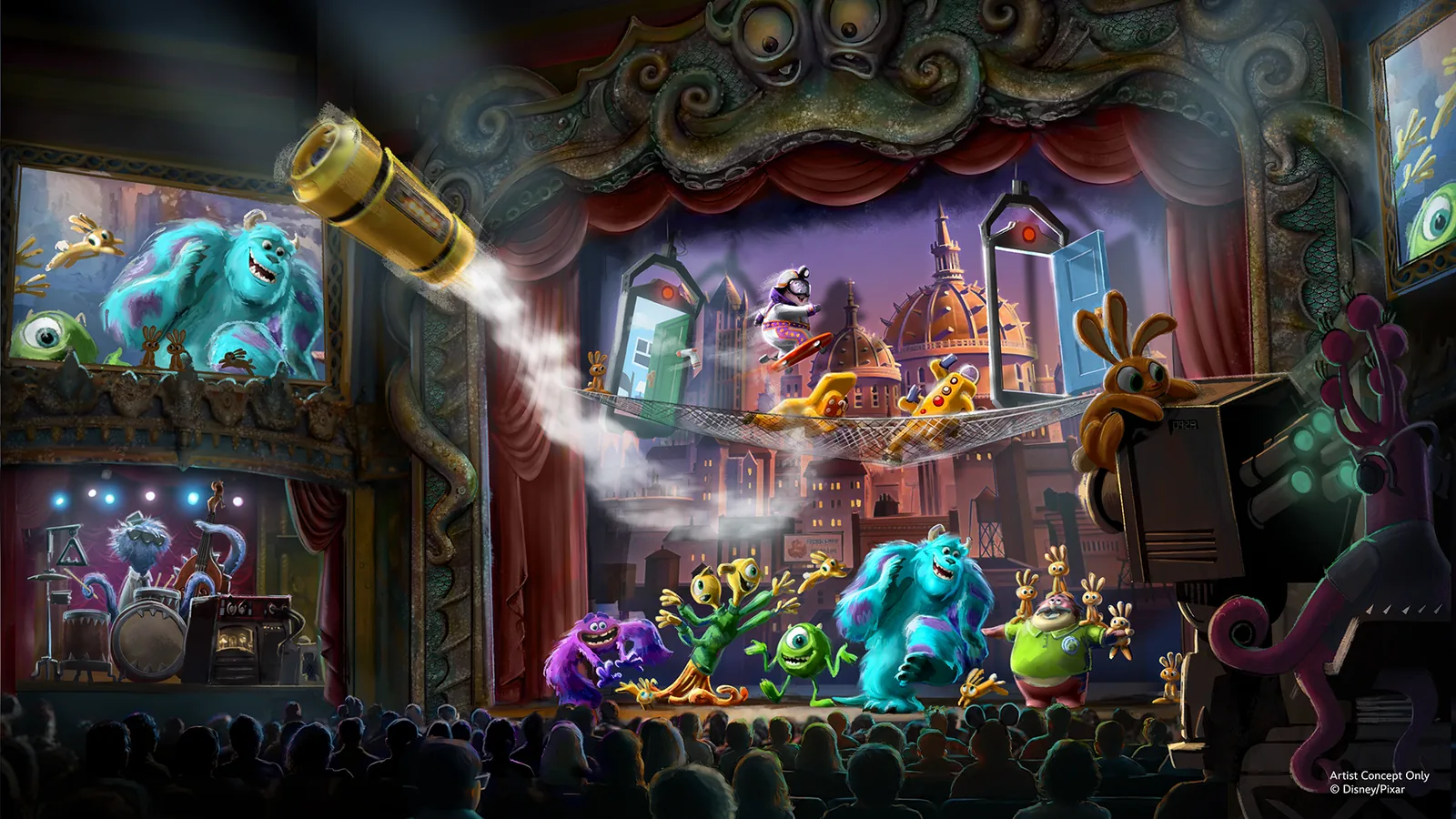 Arte conceitual do Glob Theater na land Monstropolis do Hollywood Studios