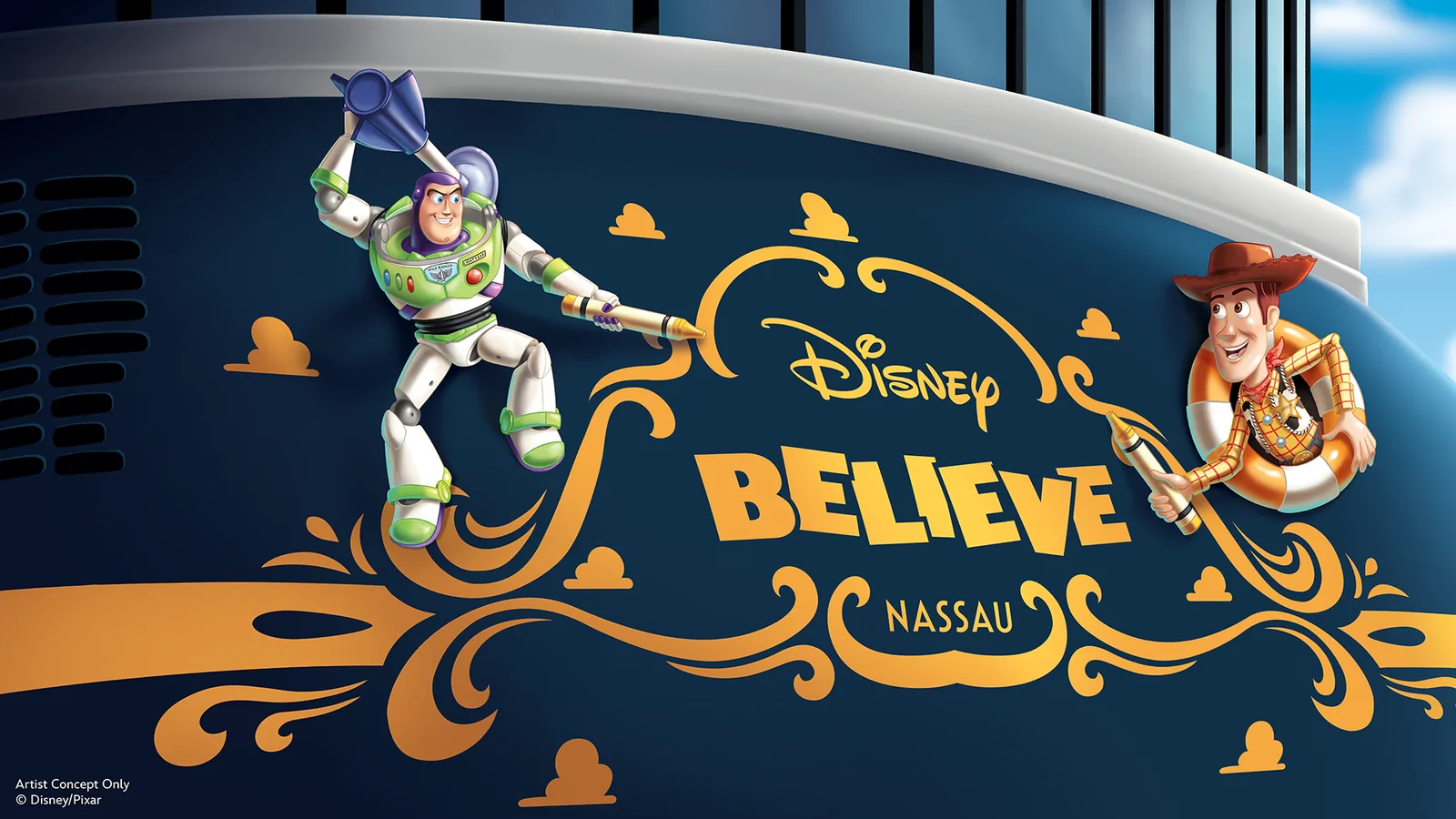 Popa do navio Disney Believe com Buzz Lightyear e Woody