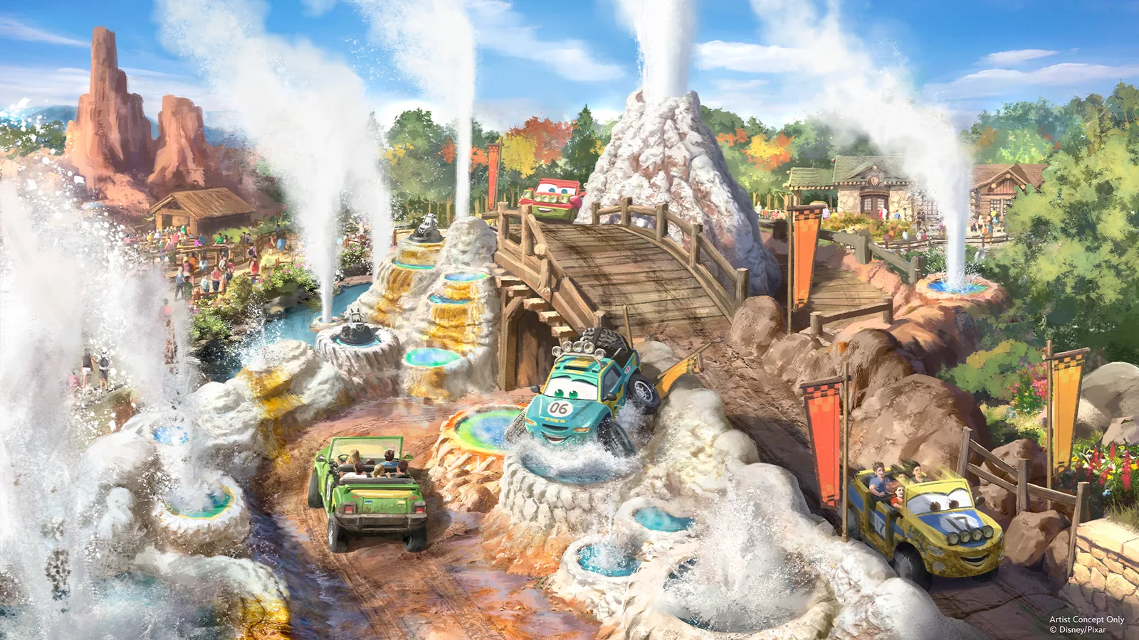 Arte conceitual de Piston Peak com geiseres e carros da atracao Cars Ridge Run Rally