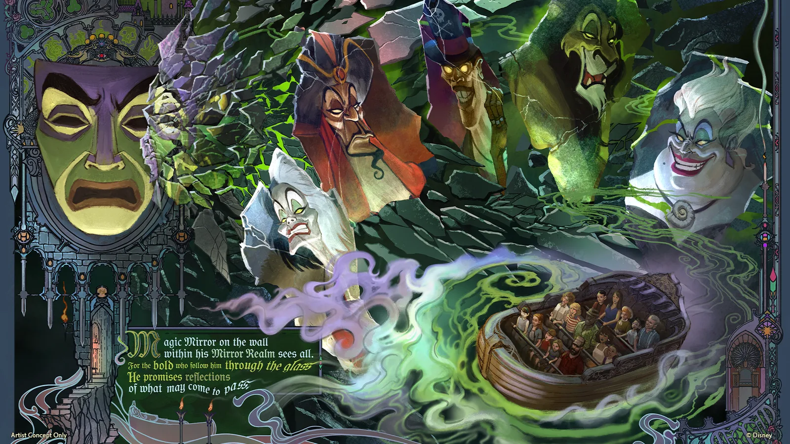 Arte conceitual da Villains Land no Magic Kingdom, com o Espelho Magico e viloes da Disney